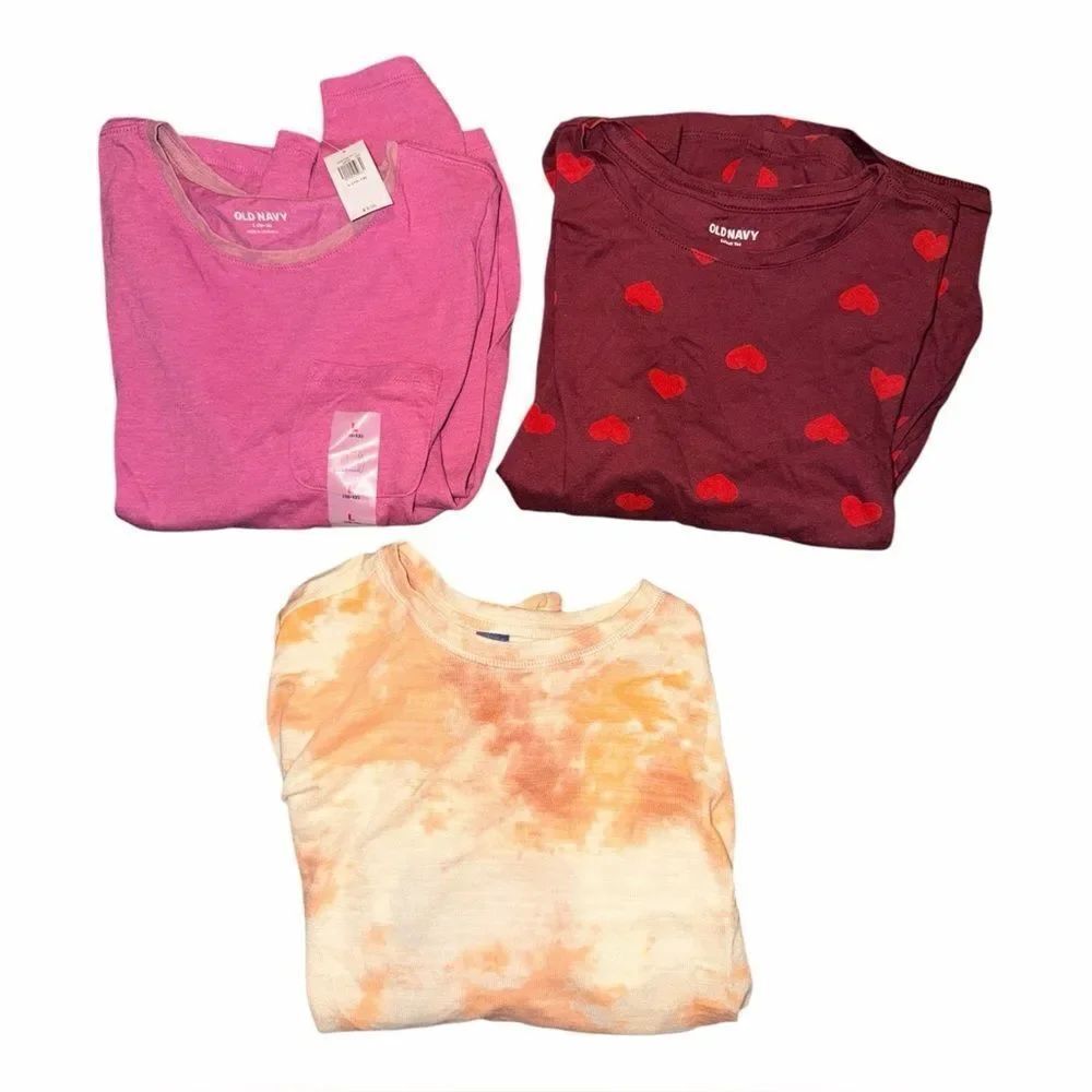 Old Navy Girls Lot (3) L 10/12 Long Sleeve T-Shirt Pink Heart Tie Dye NWT EUC